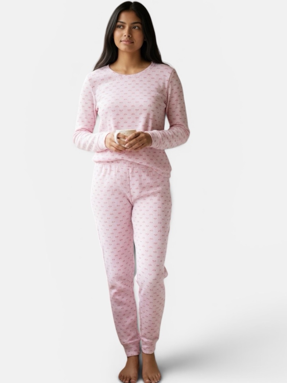 LAURA ASHLEY RIBBED KNIT PINK RIBBON PAJAMA SET Size L Breast Cancer Awareness